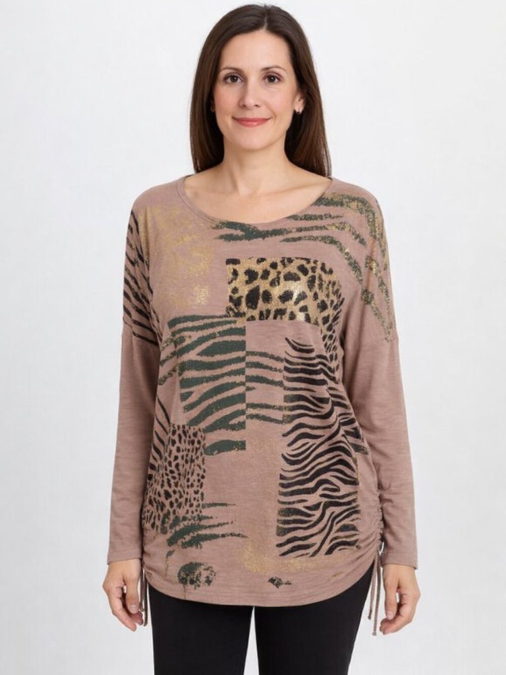 Preloved Est. 1946 XL Taupe Animal Print Top | Ruched Sides, 3/4 Sleeves, Bold M